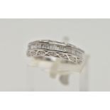 A 9CT WHITE GOLD DIAMOND HALF ETERNITY RING, designed with a central row of rectangular cut diamonds