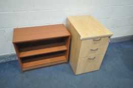 A BEECH THREE DRAWER FILING CABINET (key) and a bookcase (2)