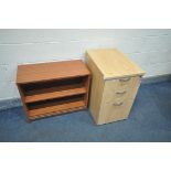 A BEECH THREE DRAWER FILING CABINET (key) and a bookcase (2)