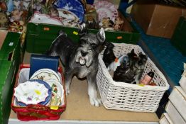 A BOX, TWO BASKETS AND LOOSE CERAMICS AND SUNDRY ITEMS, to include a large Italian ceramic schnauzer