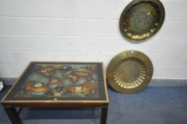 A RECTANGULAR COFFEE TABLE, with brass banding, and a map of America, India etc, and Latin