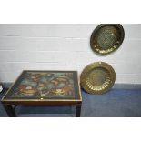 A RECTANGULAR COFFEE TABLE, with brass banding, and a map of America, India etc, and Latin