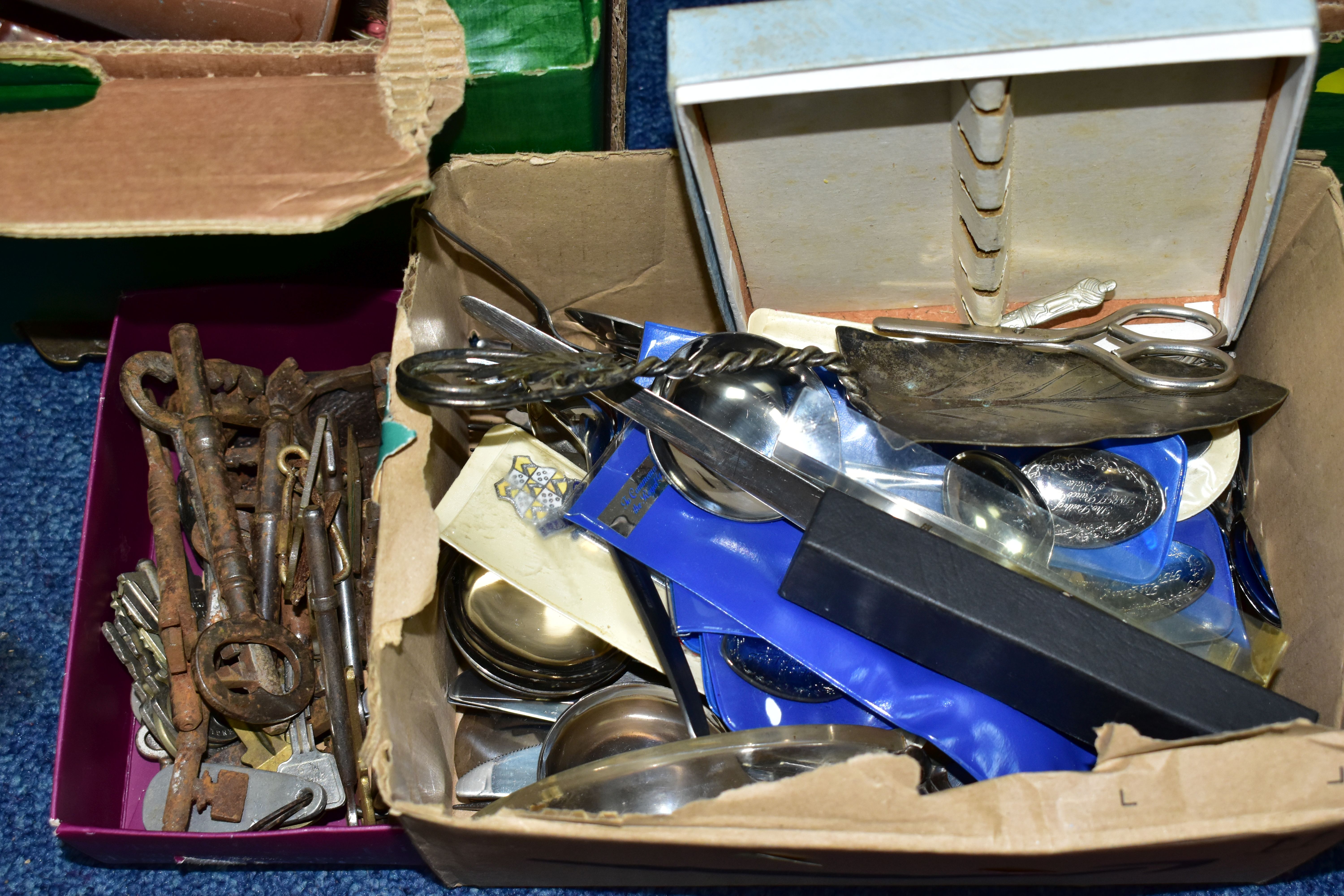 FIVE BOXES OF METALWARE, including pewter tankards, rose bowls, silver plate trays, candle sticks, - Image 2 of 7