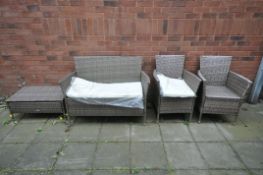 A GARDEN LIFE RATTAN EFFECT PATIO SET, comprising a sofa, two armchairs and a coffee table (4) (