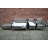 A GARDEN LIFE RATTAN EFFECT PATIO SET, comprising a sofa, two armchairs and a coffee table (4) (