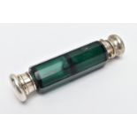 A GREEN GLASS DOUBLE ENDED SCENT BOTTLE, faceted green glass, fitted with a hinged white metal cover