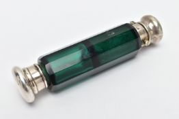 A GREEN GLASS DOUBLE ENDED SCENT BOTTLE, faceted green glass, fitted with a hinged white metal cover