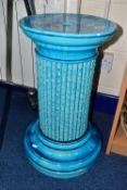 A BURMANTOFTS TURQUOISE GLAZED JARDINIERE STAND, of cylindrical column form, moulded with a