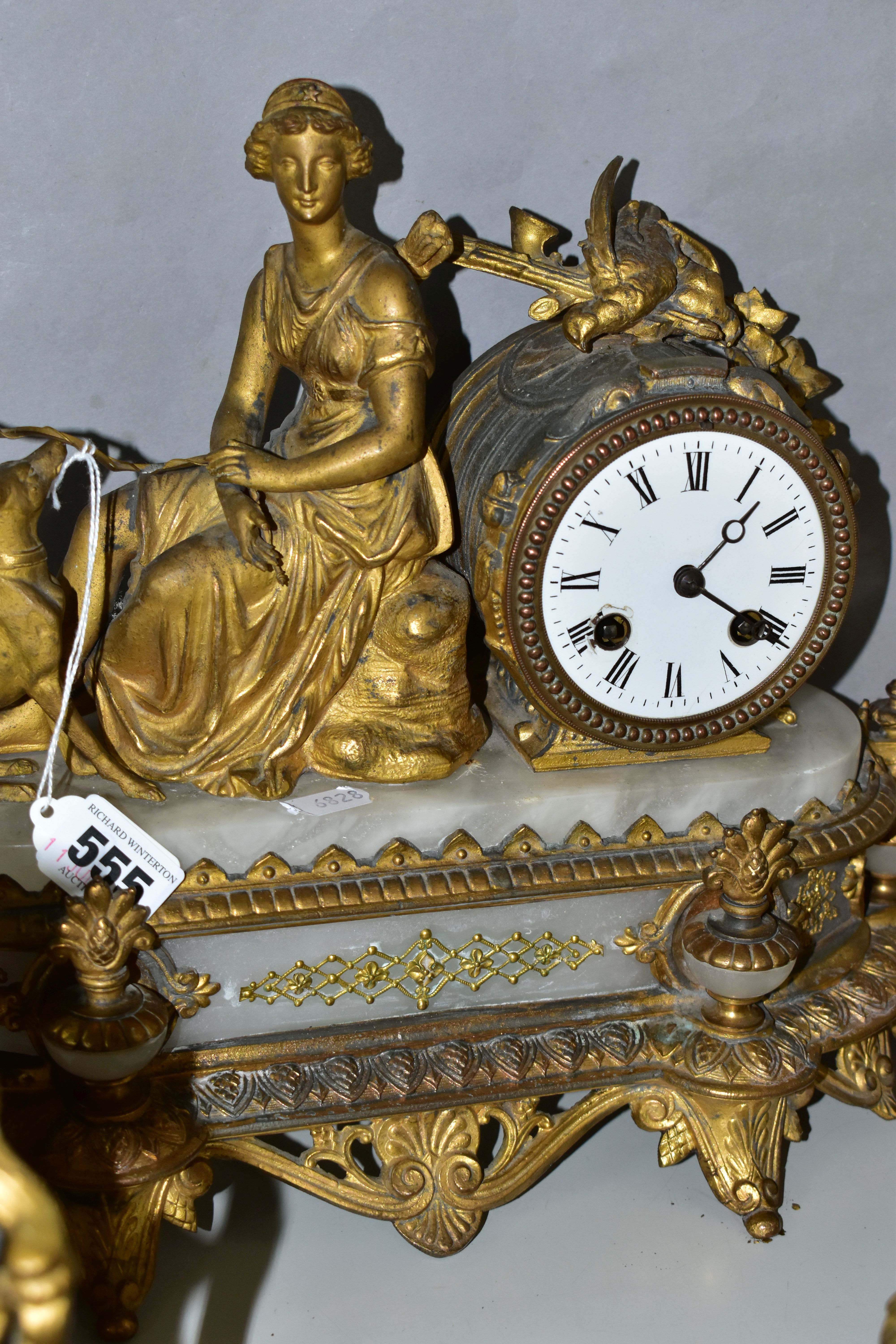 TWO FRENCH STYLE SPELTER AND ALABASTER MANTEL CLOCKS, the first depicts a female figure and dog on a - Image 3 of 5