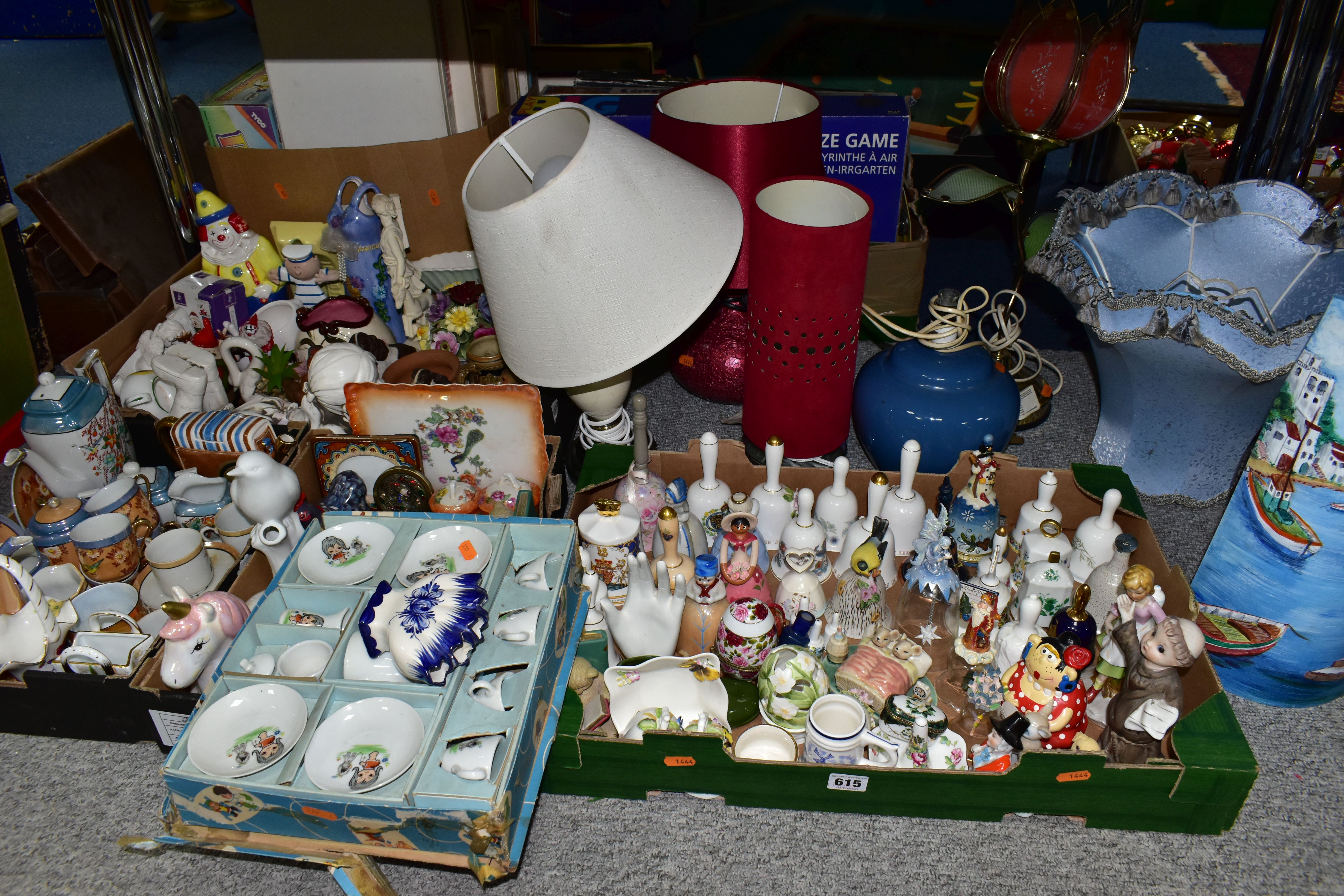 FOUR BOXES AND LOOSE CERAMICS AND ORNAMENTS ETC, to include ceramic bells by Aynsley, Wedgwood and