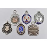 SIX PREDOMINANTLY SILVER FOB MEDALLIONS, to include a late 19th century silver medallion, hallmarked