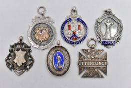 SIX PREDOMINANTLY SILVER FOB MEDALLIONS, to include a late 19th century silver medallion, hallmarked