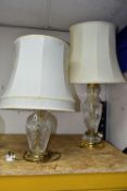 TWO LARGE GLASS BODIED TABLE LAMPS, with cream shades, height to top of fittings 36.5cm and 56.