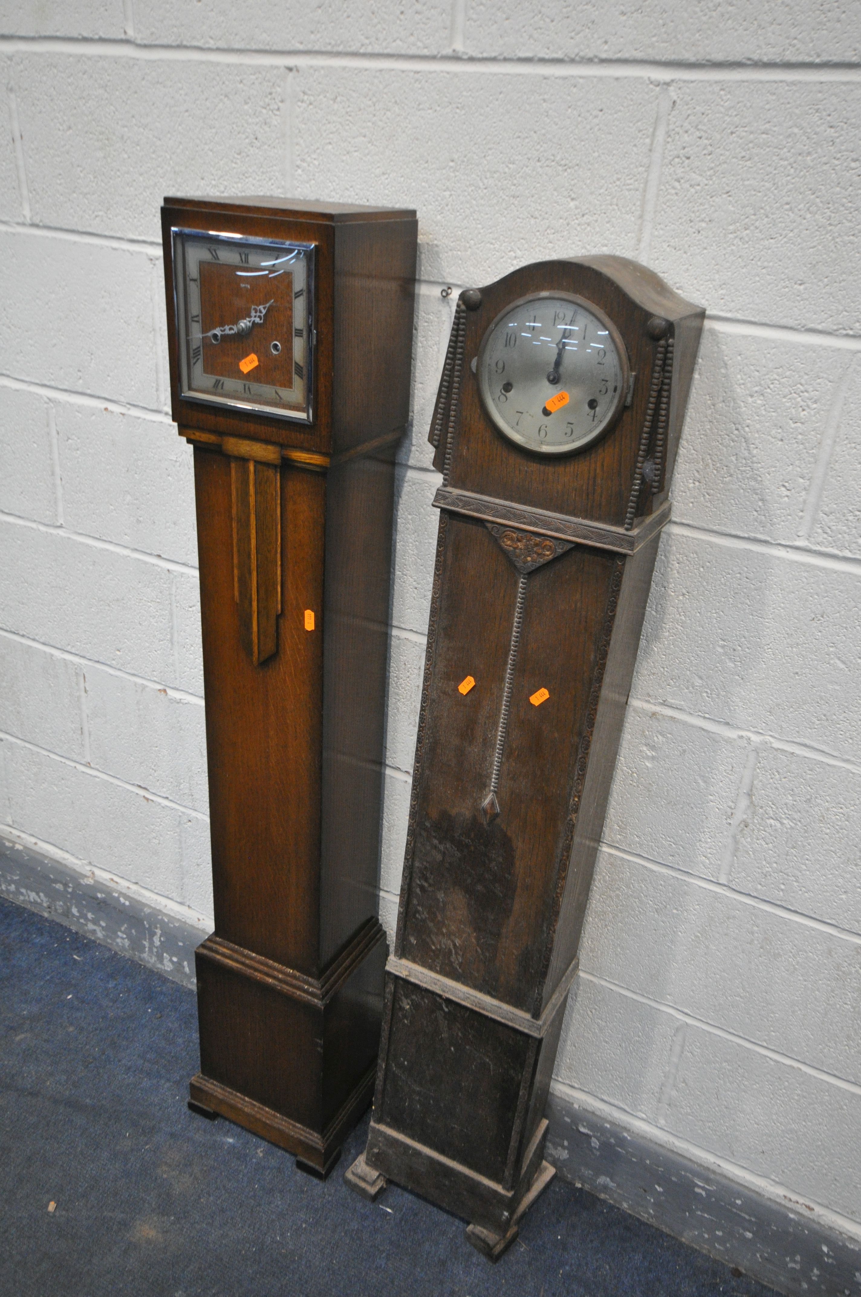 AN ART DECO SMITHS OAK GRANDDAUGHTER CLOCK, height 137cm, and another granddaughter clock (condition