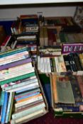 SEVEN BOXES OF HARDBACK AND PAPERBACK BOOKS CONTAINING APPROXIMATELY 200 TITLES, including