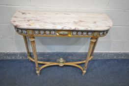 A LOUIS XVI STYLE LIGHT WOOD CONSOLE TABLE, with a veined marble top, brass mounts and porcelain