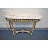 A LOUIS XVI STYLE LIGHT WOOD CONSOLE TABLE, with a veined marble top, brass mounts and porcelain