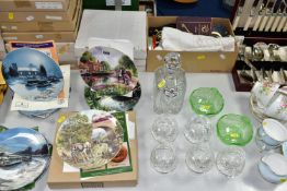 A QUANTITY OF COLLECTABLE PLATES, GLASSWARE AND CUTLERY, comprising twenty plates, Royal Doulton '