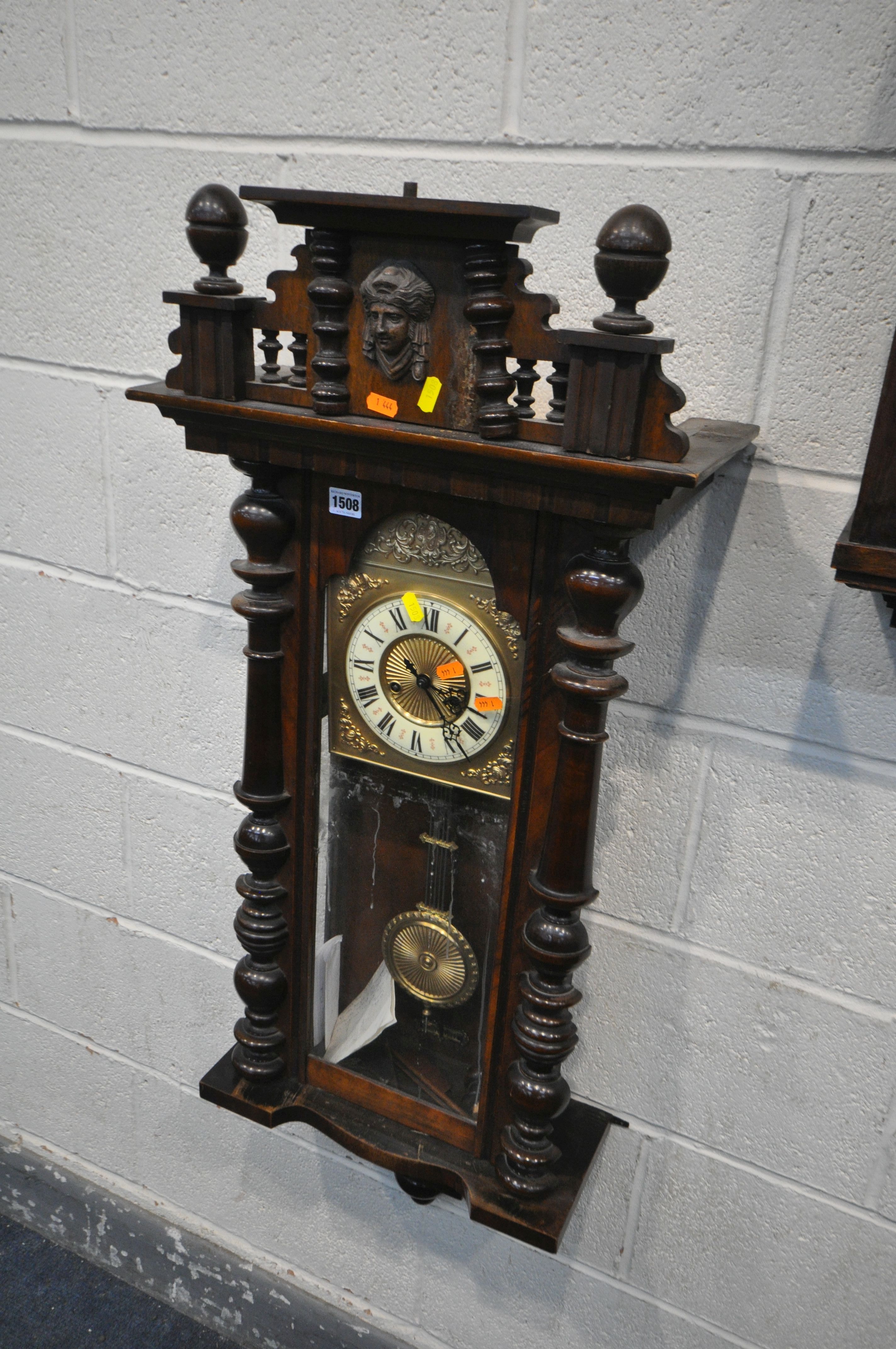 A WALNUT VIENNA WALL CLOCK, with a brassed and enamel 6 inch dial with roman numerals, height 108cm, - Image 3 of 3