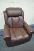 A CARECO BROWN LEATHER RISE AND RECLINE ARMCHAIR (condition - some stains to back and general