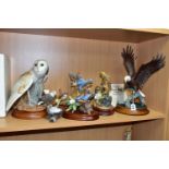 TWO FRANKLIN MINT BARN OWL AND EAGLE FIGURES AND FOUR OTHER BIRD FIGURES, the Barn Owl and Eagle
