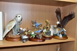 TWO FRANKLIN MINT BARN OWL AND EAGLE FIGURES AND FOUR OTHER BIRD FIGURES, the Barn Owl and Eagle