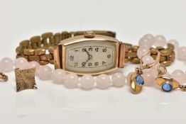 A 9CT GOLD WATCH HEAD WITH OTHER ITEMS, ladies wristwatch with a hand wound movement (working),