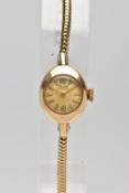 A LADIES 9CT GOLD WRISTWATCH, round discoloured dial signed ‘Timor’, Arabic twelve and six