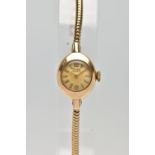 A LADIES 9CT GOLD WRISTWATCH, round discoloured dial signed ‘Timor’, Arabic twelve and six