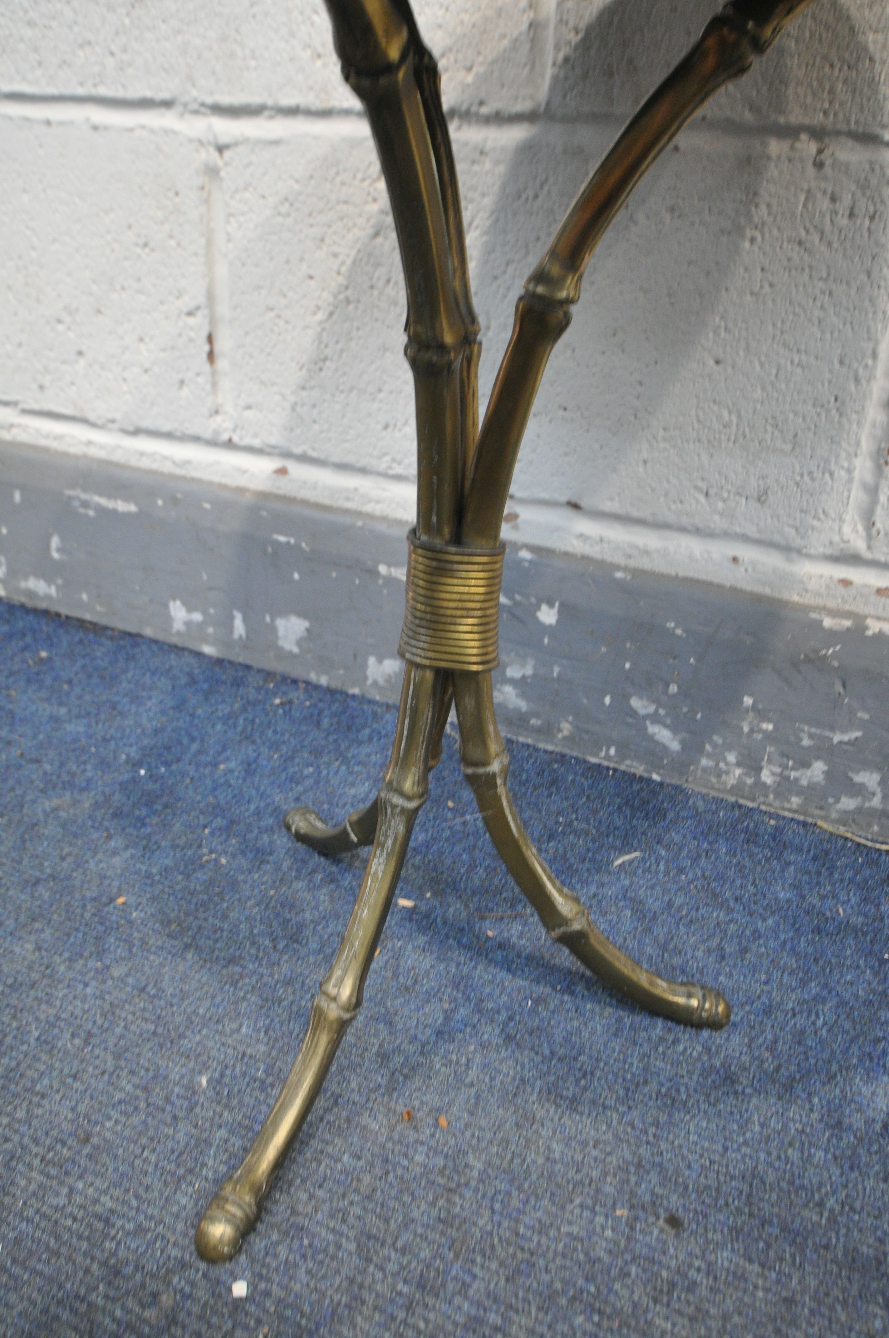 AN EARLY 20TH CENTURY BRASS CIRCULAR BAMBOO EFFECT SIDE TABLE, with a pink baize top surface, - Image 3 of 3