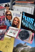 TWO BOXES OF LP RECORDS, SINGLES, CDS AND DVDS, artists include Tony Bennett, James Last, Lena