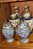 TWO PAIRS OF EARLY 20TH CENTURY JAPANESE SATSUMA WARE VASES, one pair has a blue and cream design (
