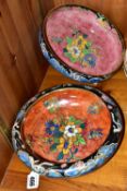 A PAIR OF GRIMWADES LUSTRE BOWLS, with floral and butterfly motifs, one with an inverted rim,