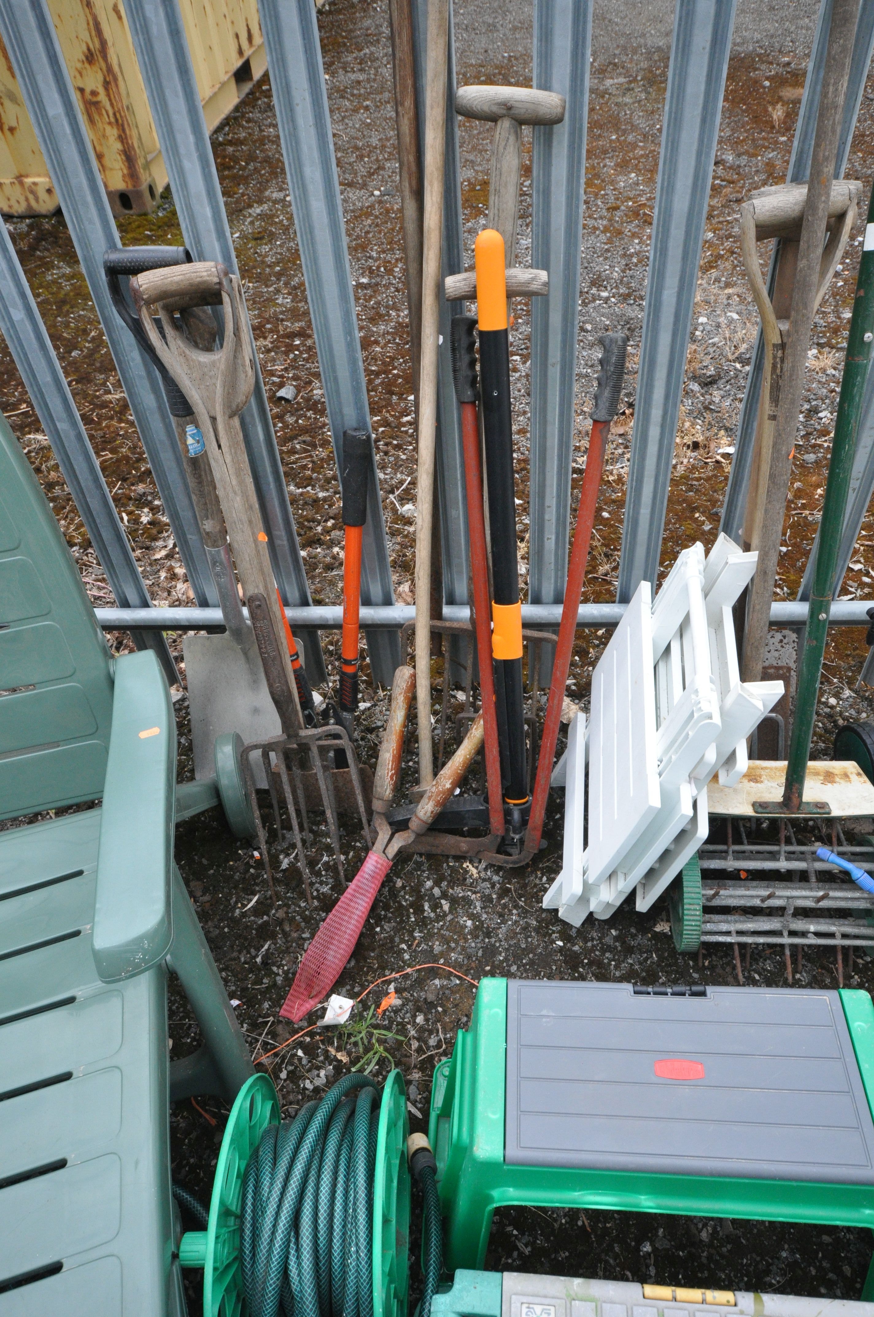 A GREEN PLASTIC GARDEN SUN LOUNGER, two white plastic garden armchairs, three folding tables, - Image 2 of 3