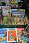 TWO BOXES OF CHILDRENS BOOKS, to include 1960s/1970s annuals (Bunty, Tinga & Tucker, Lady Penelope),