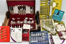 A BOX OF ASSORTED SILVER AND WHITE METAL, to include a set of silver whiskey and sherry decanter