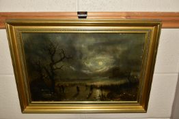 A VICTORIAN MOONLIGHT ICE SKATING SCENE, no visible signature, oil on canvas, later frame,
