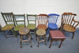 A SELECTION OF CHAIRS AND STOOLS, to include an elm spindle back armchair, a blue painted chair, a