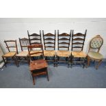 A SELECTION OF VARIOUS CHAIRS, to include a set of four oak rush seated ladder back chairs, a modern