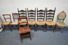 A SELECTION OF VARIOUS CHAIRS, to include a set of four oak rush seated ladder back chairs, a modern