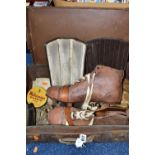 A PAIR OF VINTAGE LEATHER FOOTBALL BOOTS, size 9, together with a pair of vintage shin pads and