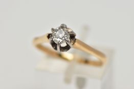 A YELLOW METAL SINGLE STONE DIAMOND RING, six claw set old cut diamond, estimated total diamond