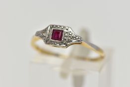 A YELLOW METAL RUBY AND DIAMOND RING, art deco style ring set with a square cut ruby, flanked with