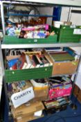 TEN BOXES OF BOOKS, VINTAGE LIGHT BULBS AND SUNDRY ITEMS, comprising beanie babies, glassware, L.Ps,