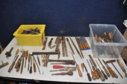 TWO TUBS OF WOODWORKING TOOLS to include a large collection of chisels, files, picks etc