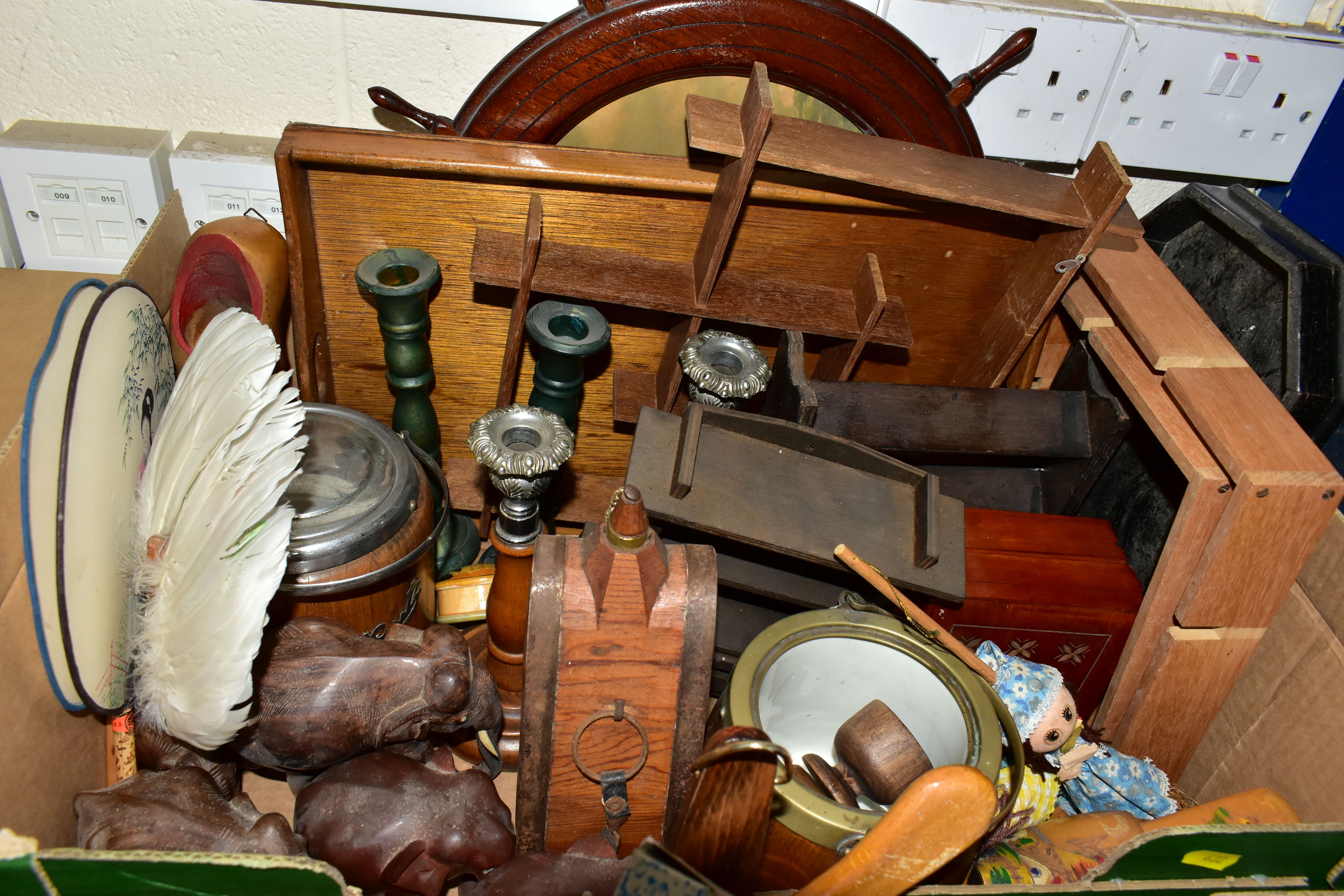 FOUR BOXES AND LOOSE TREEN, UMBRELLAS AND SUNDRY ITEMS, to include wooden biscuit barrels, fruit - Image 5 of 6