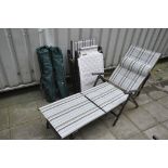 A PAIR OF PAGODA FURNITURE FOLDING SUN LOUNGERS, along with two folding camping chairs and a folding