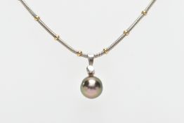 A TAHITIAN PEARL AND DIAMOND PENDANT NECKLACE, the pendant fitted with a single Tahitian black pearl