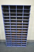 A BLUE PAINTED SIXTY SECTION PIGEON HOLE CABINET, width 93cm x depth 30cm x height 172cm (