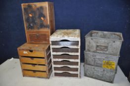 A COLLECTION OF TOOLCHESTS/CABINETS comprising a wooden chest with six metal draws, a wooden four